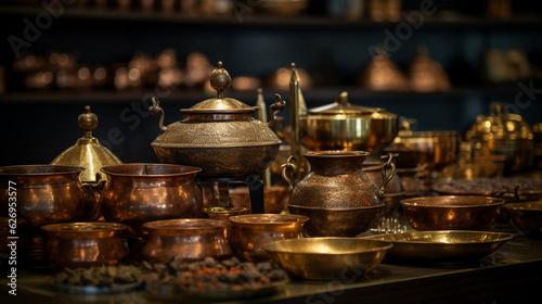 A stunning showcase of Indian brass tawas and copper pots, reflecting the rich heritage of Indian culinary practices Generative AI