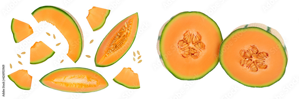 Cantaloupe melon isolated on white background with full depth of field. Top view. Flat lay Cantaloupe melon isolated on white background with full depth of field. Top view. Flat lay