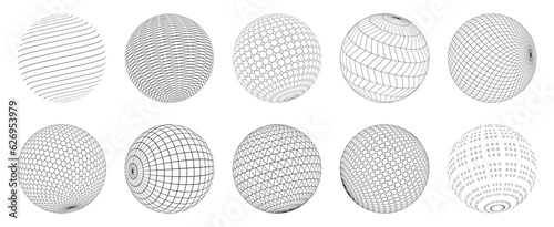 Polygonal spheres. Abstract 3d model of bacterium cell and virus, basic UI graphic low-polygonal sphere elements. Vector biology and physics concept. Different structure and surface set