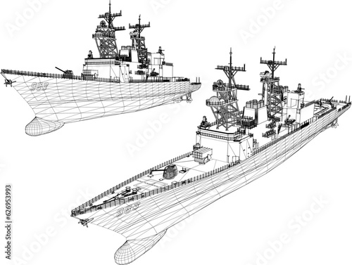 Vector sketch illustration of a battleship full of weapons photo