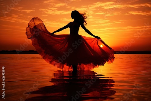silhouette woman dancing on sunset Fototapeta