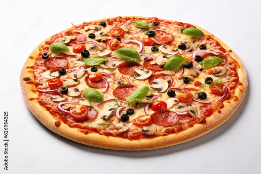 Pizza with mushrooms isolated on white, generative AI