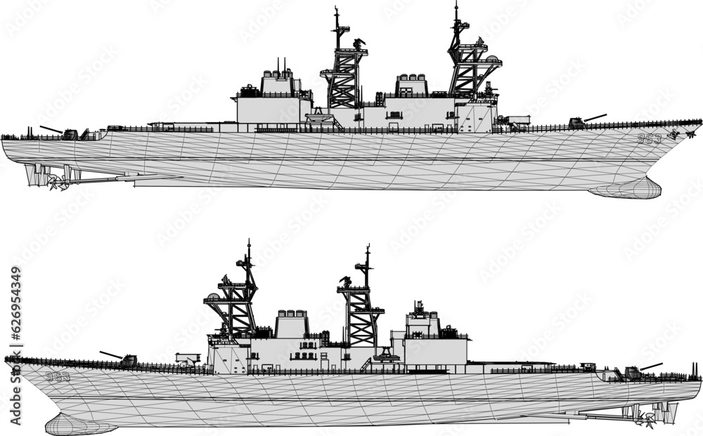 Vector sketch illustration of a battleship full of weapons