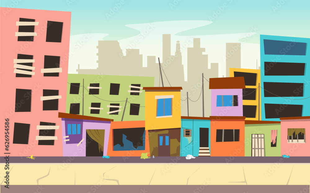 Cartoon Color Ghetto Street with Pour Dirty Houses Landscape Scene Poverty Concept. Vector illustration of Slum