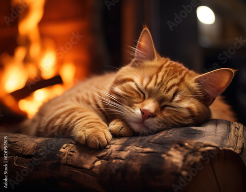 a cat sleeping beside a fireplace © Yi_Studio
