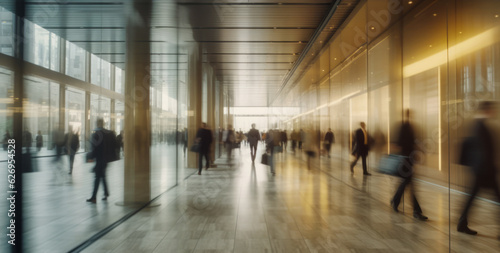 Dynamic office scene showing blurred business professionals bustling around a corporate building, embodying the fast-paced rhythm of corporate life. Generative AI.