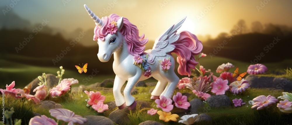 A Cute Winged unicorn playfully frolicking in an enchanted garden, the field is filled with charming flowers and enchanted butterflies. Generative AI.Generative AI.