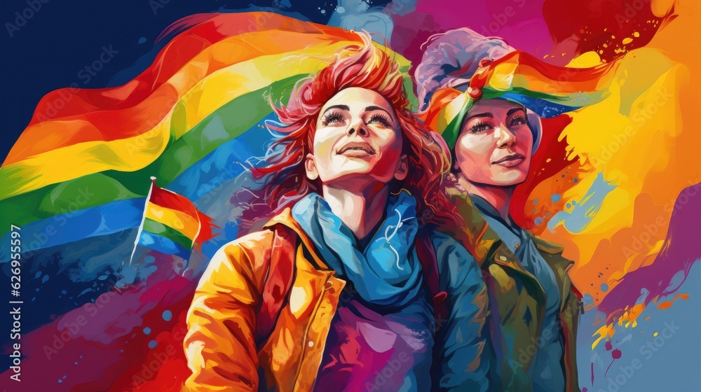 Fototapeta premium LGBTQ+, youth living freely concept. Two girls in rainbow colors illustration, Generative AI.