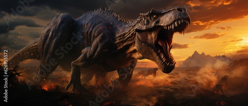 Fototapeta Naklejka Na Ścianę i Meble -  Fierce Tyrannosaurus rex Dinosaur roaring in prehistoric plains, Sharp teeth, Generative AI.