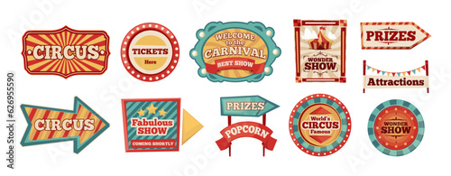 Circus labels. Cartoon fairground tent entrance signs, magic show and amusement attraction, flyer banner with arrow symbol. Vector set. Funny carnival, signpost with tickets, prizes and popcorn