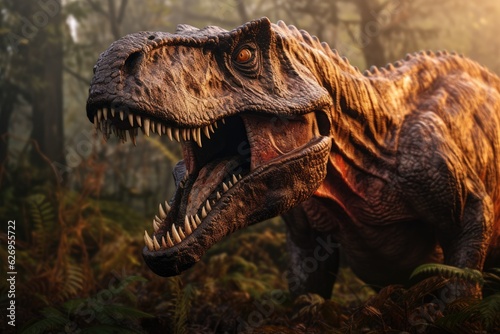Scary Tyrannosaurus rex Dinosaur roaring in prehistoric plains, Sharp teeth, Generative AI. © nilanka