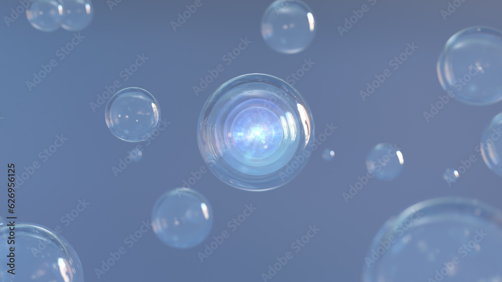 Cosmetic moisturizing liquid drops on blue background. Abstract science background with bubbles on water. cosmetic bubble design magic