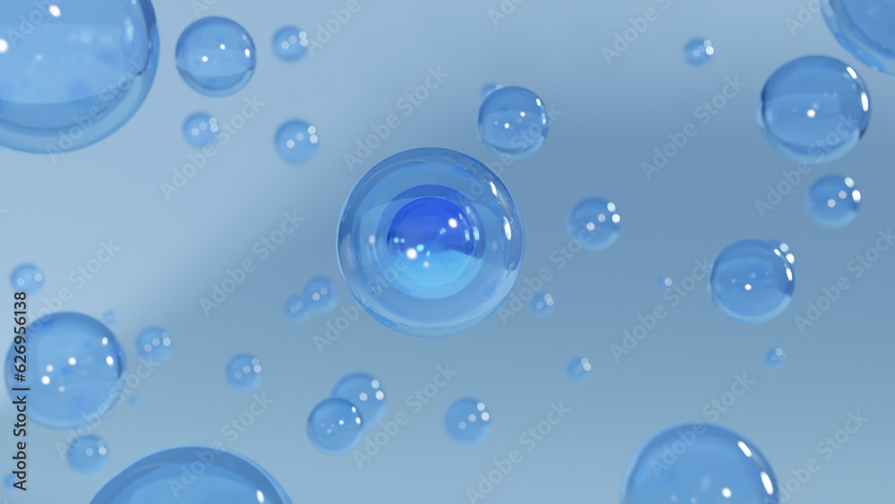 Cosmetic moisturizing liquid drops on blue background. Abstract science background with bubbles on water. cosmetic bubble design magic