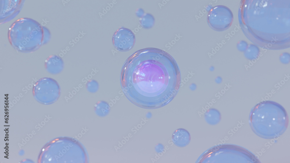 3D abstract rendering with multicolor bubbles. Cosmetics illustration with a 3D bubble form combining foam bubbles, transparent balls, and holographic floating liquid blobs.