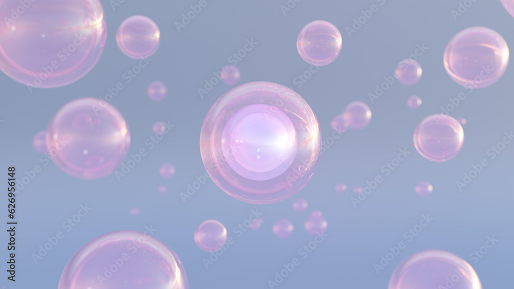 3D rendering of cosmetics Colorful serum bubbles with a blurry background. collagen bubbles' structure. Moisturizing and serum concept elements. the idea of vitamins for health and beauty. 
