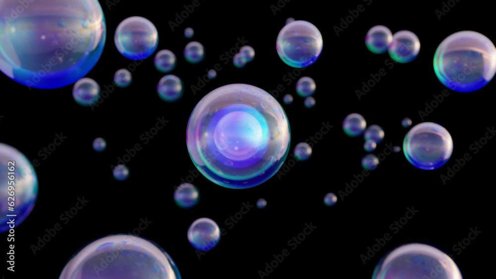 Abstract science background with bubbles on water. cosmetic Moisturizing bubble design magic. 3D render