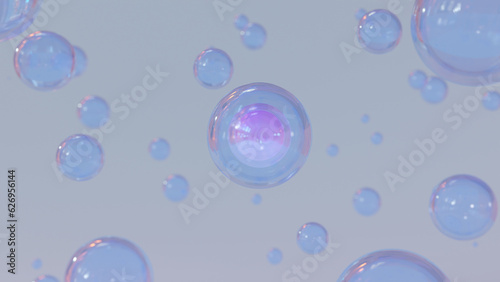 3D abstract rendering with multicolor bubbles. Cosmetics illustration with a 3D bubble form combining foam bubbles, transparent balls, and holographic floating liquid blobs.