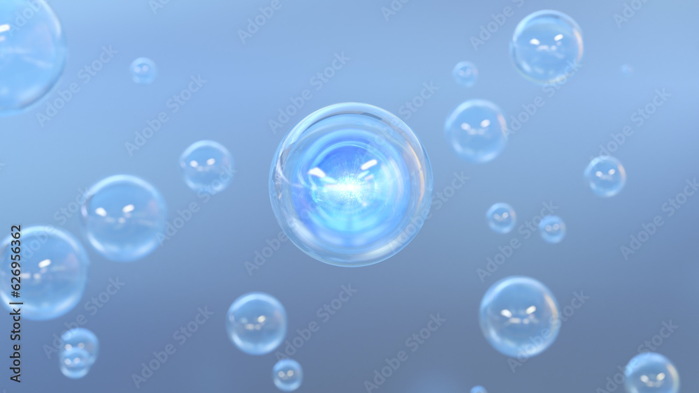 Cosmetics Bubbles of serum on a blurry background. Design of collagen bubbles. The concept for Moisturizing Cream and Serum. Ideas of vitamins for beauty and personal care. 