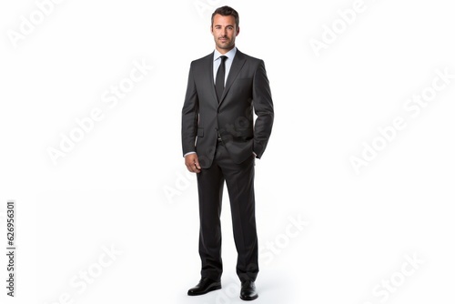portrait of a businessman person in full height. full body seen. wearing a business suit. handsome brunette man. looking forward. Generative AI photo