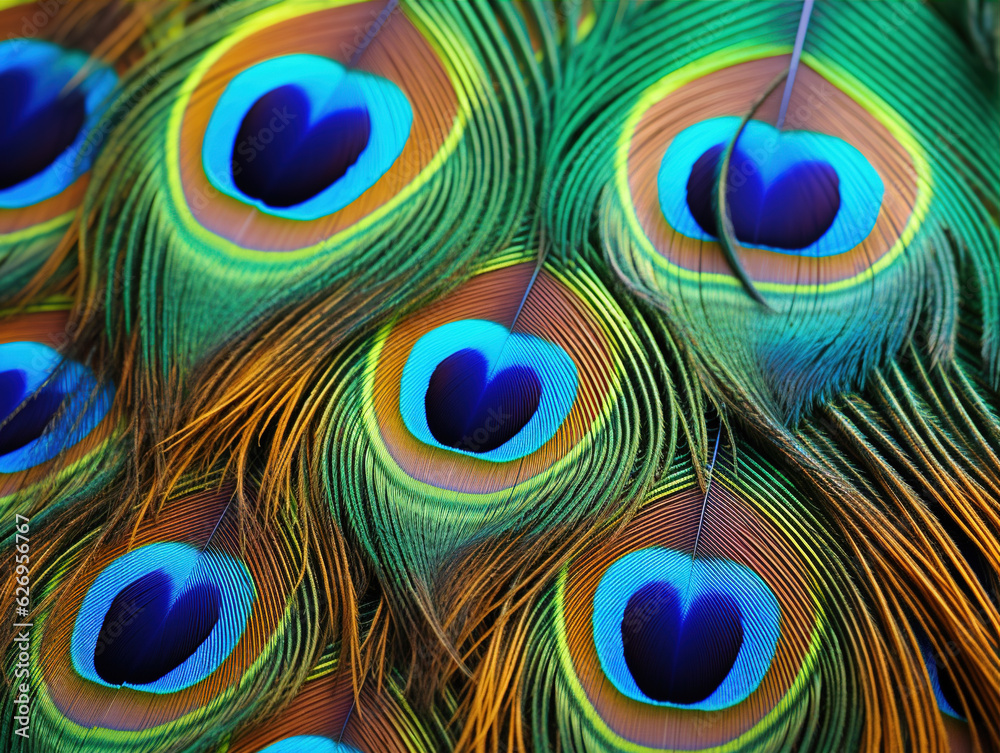 Fototapeta premium Photo of Close-up of a peacock feather: Close-up photographs of a peacock feather showcase its iridescent colors, intricate patterns, and the way the individual barbs create a stunning display. 