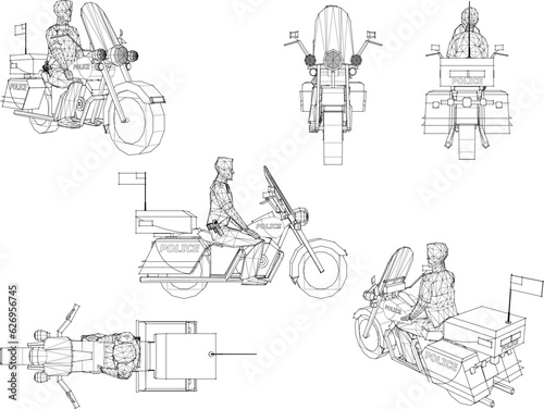 Vector sketch illustration of a patrol policeman with a big motorcycle