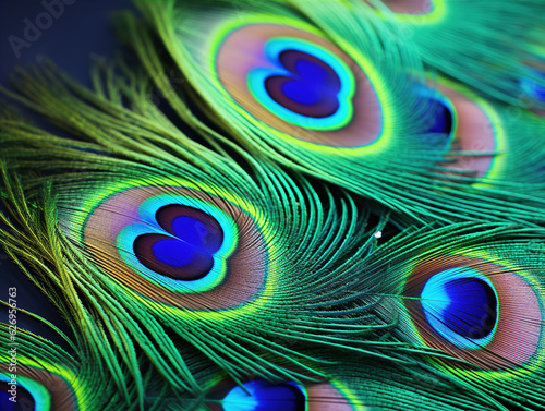 Photo of Close-up of a peacock feather: Close-up photographs of a peacock feather showcase its iridescent colors, intricate patterns, and the way the individual barbs create a stunning display. 