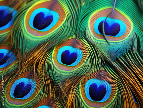 Photo of Close-up of a peacock feather: Close-up photographs of a peacock feather showcase its iridescent colors, intricate patterns, and the way the individual barbs create a stunning display. 