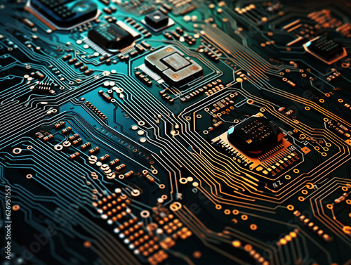 Photo of Circuit boards: Close-up shots of circuit boards showcase the intricate patterns, electronic components, and metallic traces that make up these technological circuits