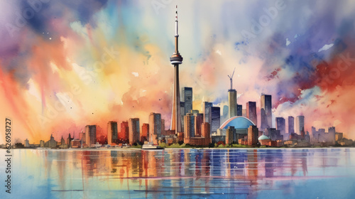 Colorful watercolor painting of Toronto skyline and Lake Ontario in Ontario, Canada. Generative AI.