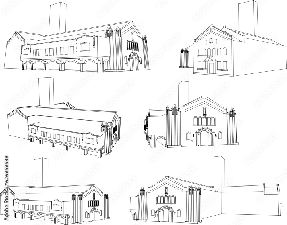 Vector sketch illustration of an old vintage old church building on the outskirts of town