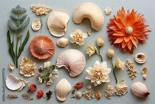 Variety of seashells, tropical shells, big ocean shells, flowers in pastel colors, flat lay.