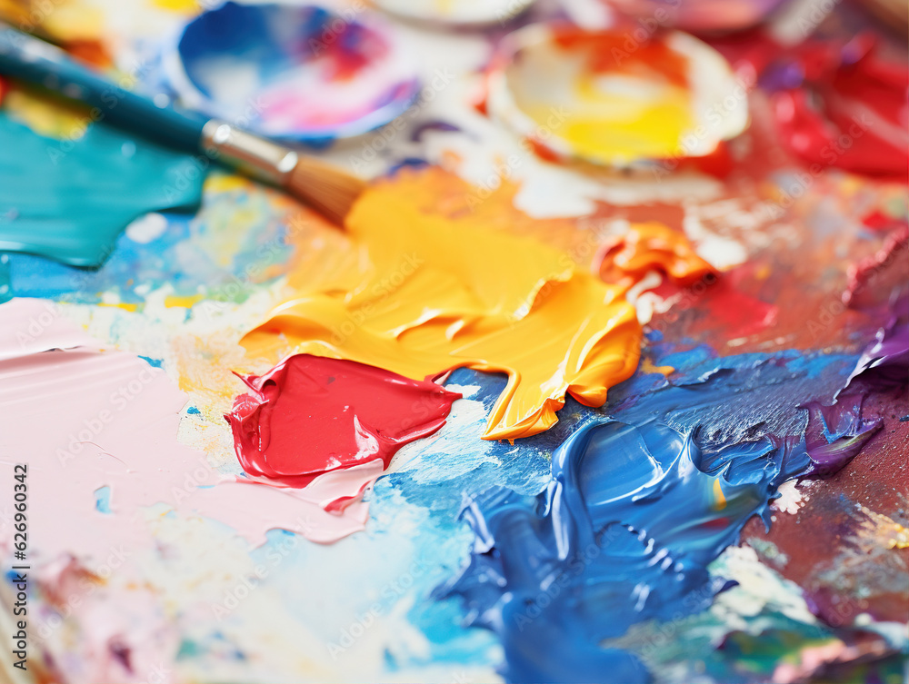 Obraz premium Photo of Close-up of a paint palette: Close-up photographs of a paint palette showcase the vibrant colors, mixing patterns, and the artistic process captured in the paint smears.
