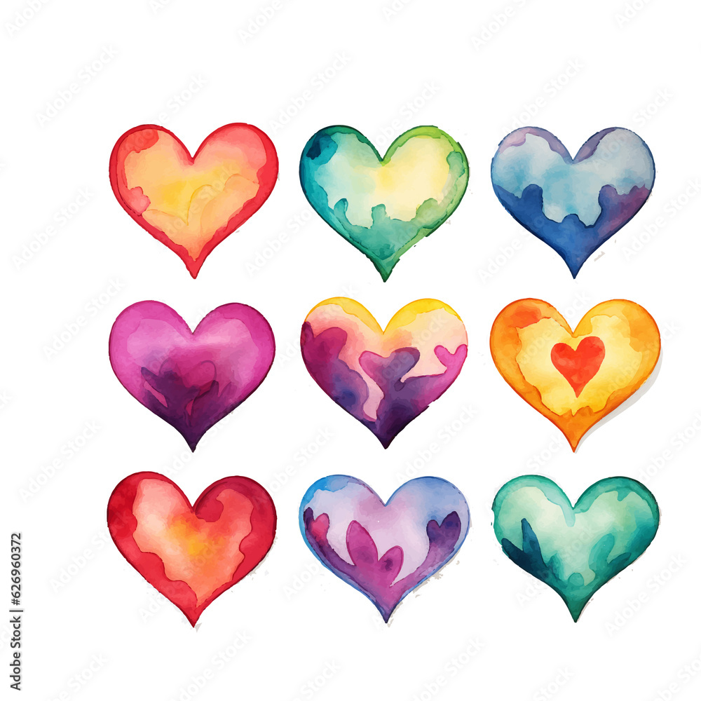 vector watercolor hand-drawn heart collection