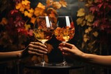 Two glasses of wine on colorful grapes leaves background. Romantic evening.