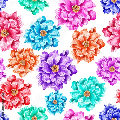 Watercolor flowers pattern  colorful tropical elements  white background  seamless