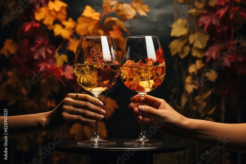 Two glasses of wine on colorful grapes leaves background. Romantic evening.