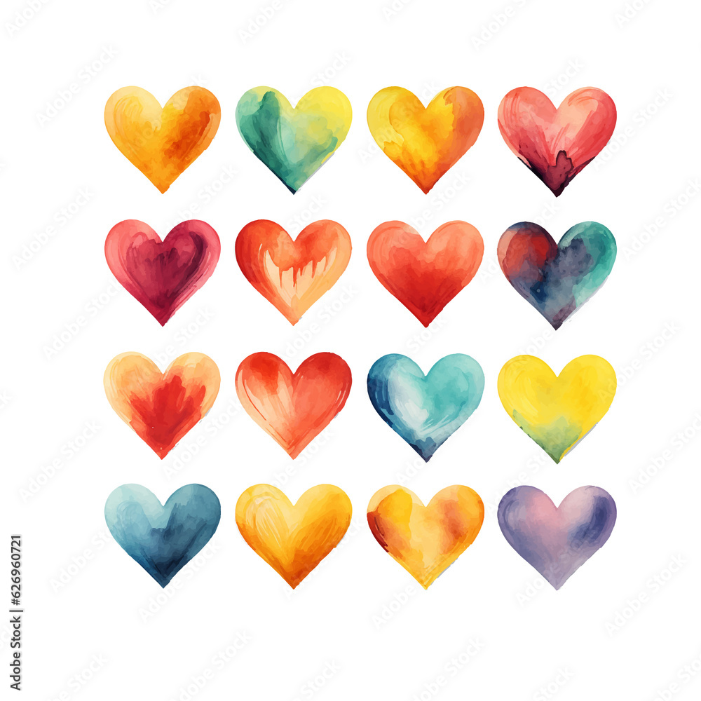 vector watercolor hand-drawn heart collection