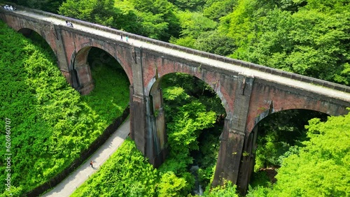 森の中を通る古い鉄橋、めがね橋の空撮｜An old iron bridge passing through the forest. Aerial view of Meganebashi Bridge photo