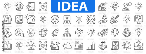 Idea icon set. Creative idea icons. Innovation, solution, brainstorming, solution, thinking, lightbulb and more. Lightbulb set. Vector illustration