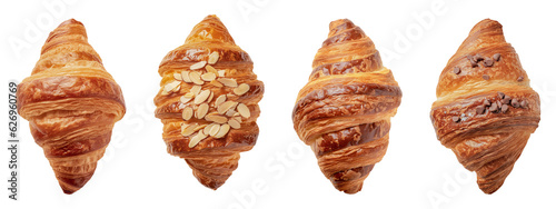 Classic, almond and chocolate croissants on a transparent background