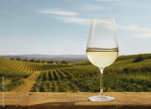 glass of white wine  in the vineyard