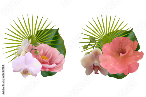 Beautiful flowers. Orchids. Palm leaves. Bouquet. Exotic. Tropical background. Bright vector illustration of tropical flowers and leaves.