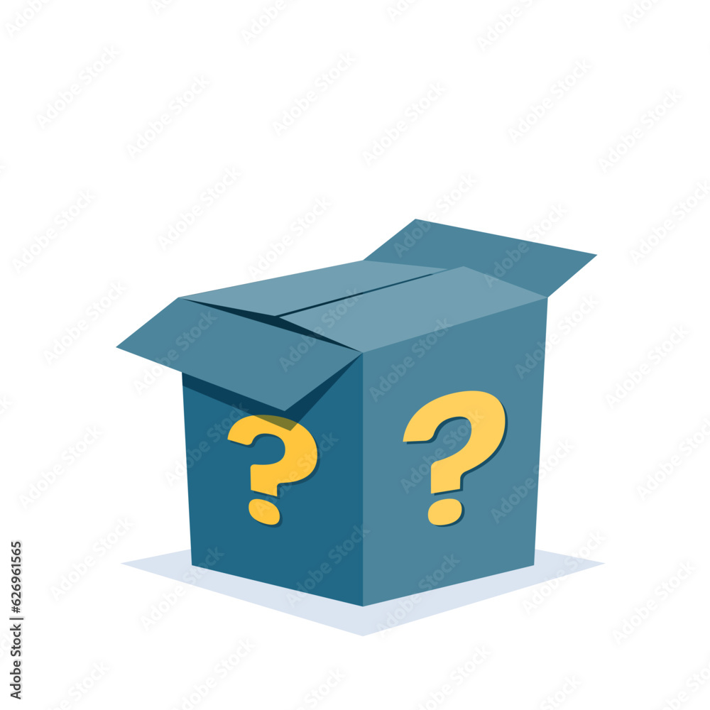 Mystery Secret boxes. Cardboard open box with Question mark. Holiday surprise box isolated on white. Mystery Secret boxes. Cardboard open box with Question mark. Holiday surprise box isolated on white.