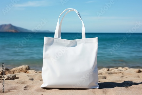 Fototapeta Naklejka Na Ścianę i Meble -  A white bag with handles stands on the beach on the sand