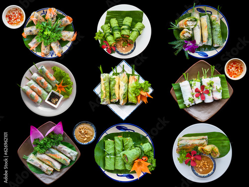 Set or collage of different types of vietnamese spring rolls on a black background