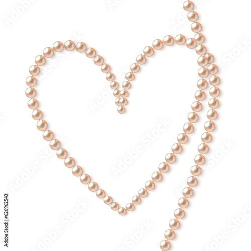Pearls in the shape of a heart. Beautiful pearl necklace. Jewel. Bead decoration. Vector illustration. White background. Border.
