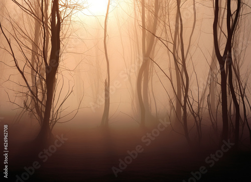  morning with misty fog in the forest 