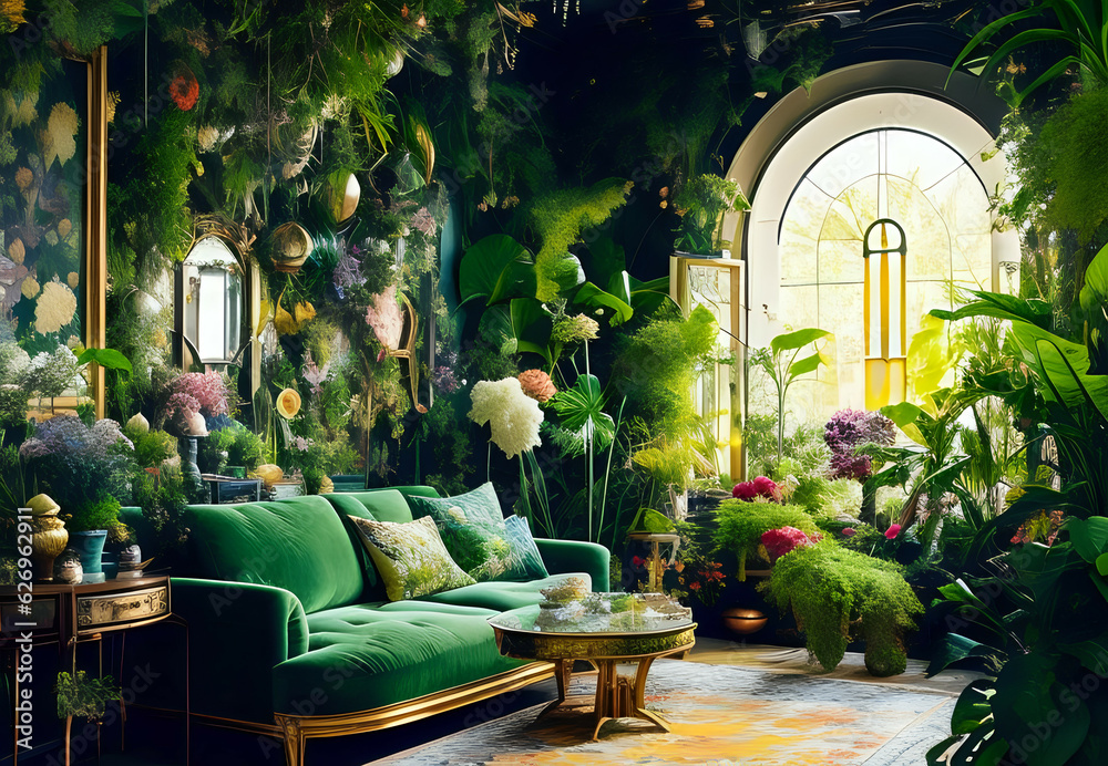 Obraz premium Maximalist green solar punk living room with lots of flowers and plants. Generative AI