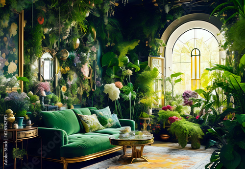 Maximalist green solar punk living room with lots of flowers and plants. Generative AI © Dreamy Pixel