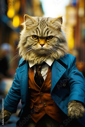 Portrait of an unusual cat in an elegant blue suit walking through the streets of the city © evgeniia_1010